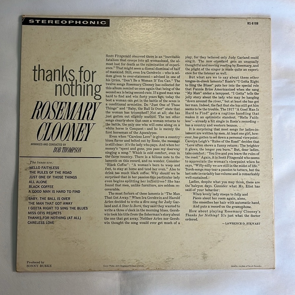 ROSEMARY CLOONEY - "THANKS FOR NOTHING" VINYL RECORD ✨✨✨ - Picture 2 of 4